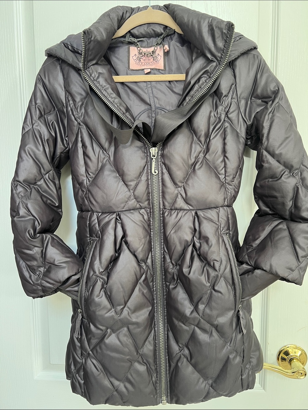 Juicy Couture Metallic Charcoal Quilted Hooded Puffer Coat